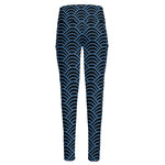Blue And Black Japanese Pattern Print High-Waisted Pocket Leggings