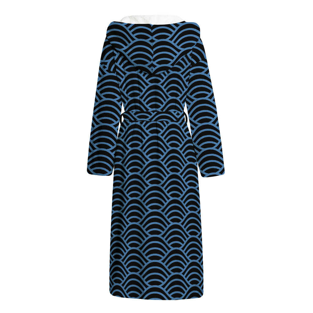 Blue And Black Japanese Pattern Print Hooded Bathrobe
