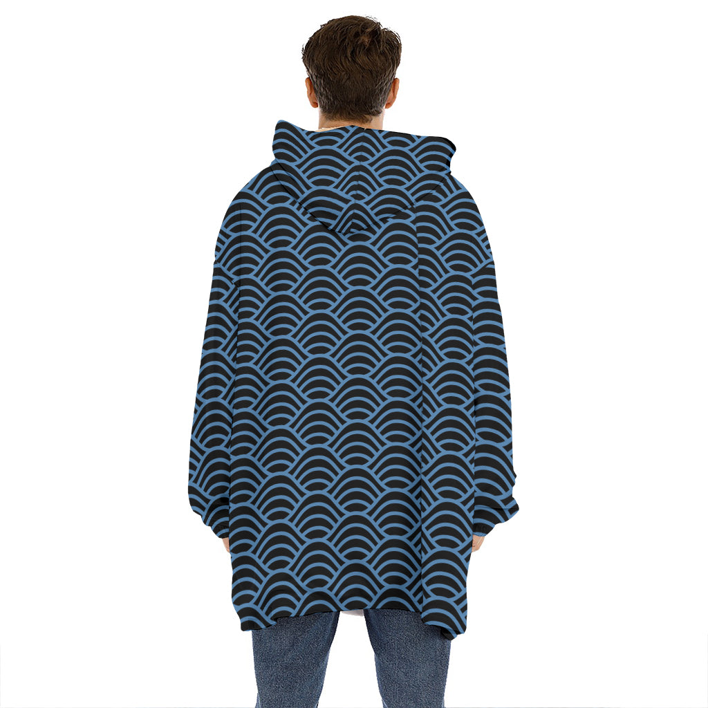 Blue And Black Japanese Pattern Print Hoodie Blanket
