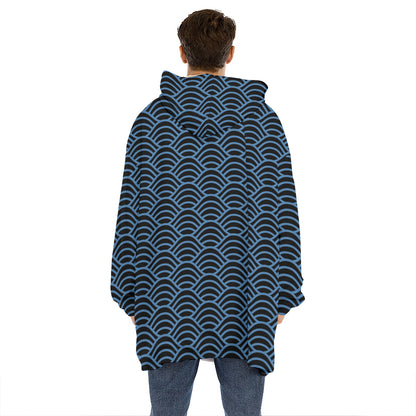 Blue And Black Japanese Pattern Print Hoodie Blanket