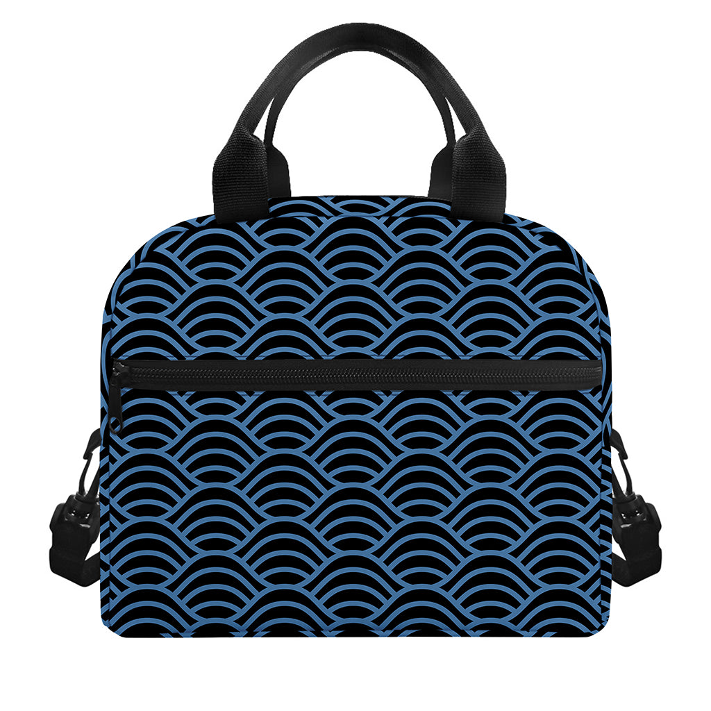 Blue And Black Japanese Pattern Print Insulated Lunch Bag