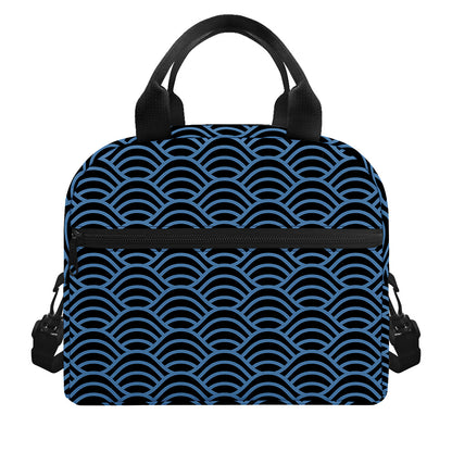 Blue And Black Japanese Pattern Print Insulated Lunch Bag