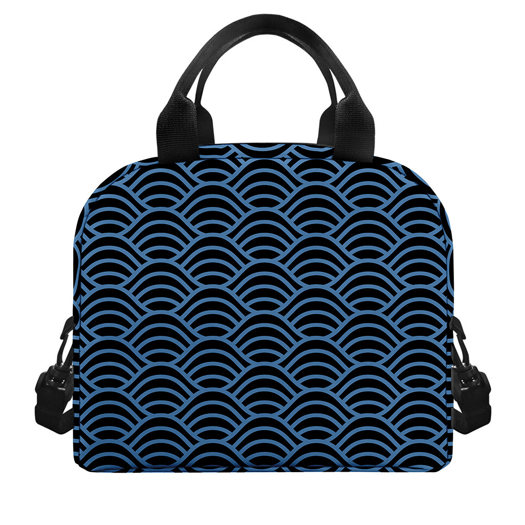 Blue And Black Japanese Pattern Print Insulated Lunch Bag