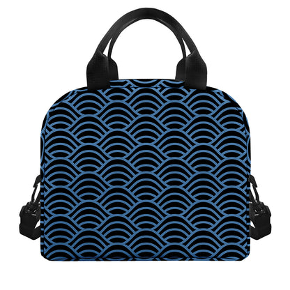 Blue And Black Japanese Pattern Print Insulated Lunch Bag
