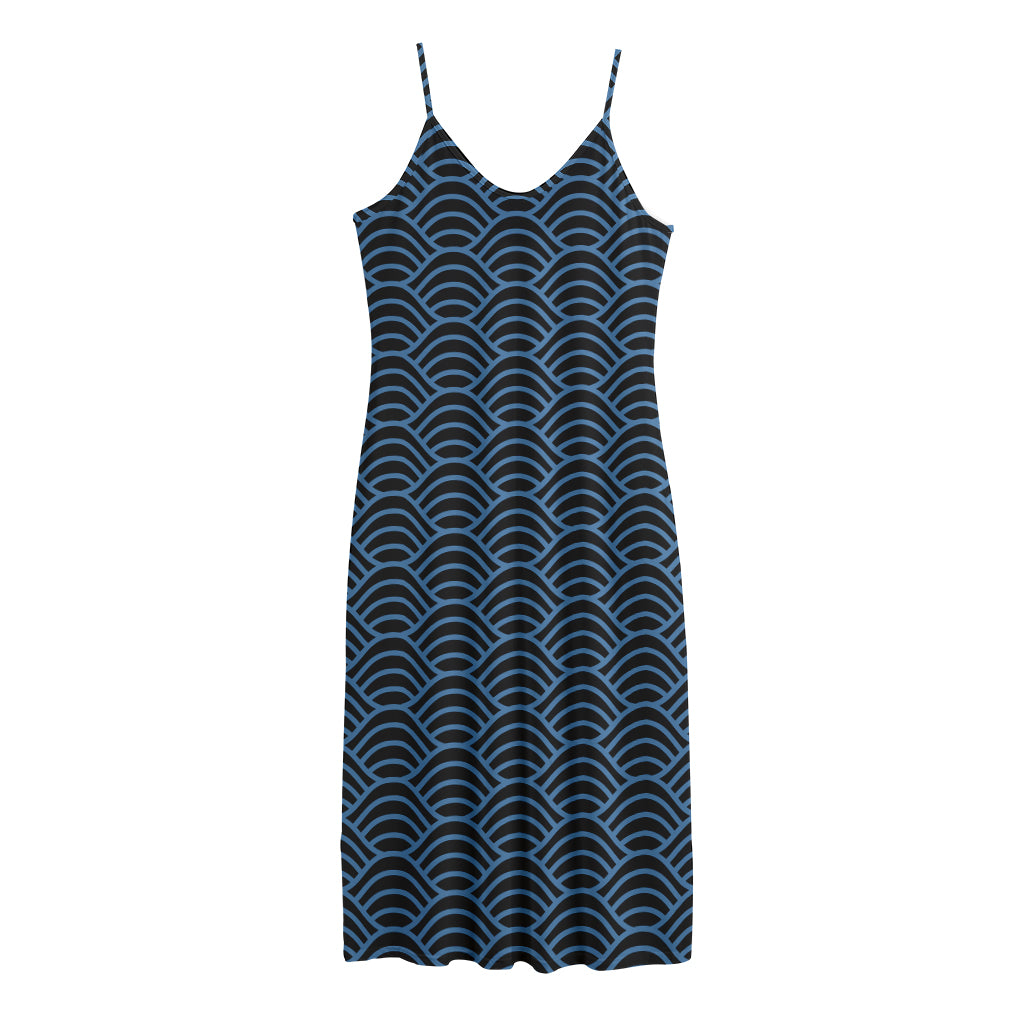 Blue And Black Japanese Pattern Print Jersey Midi Cami Dress