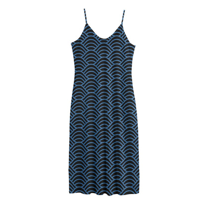 Blue And Black Japanese Pattern Print Jersey Midi Cami Dress