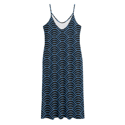 Blue And Black Japanese Pattern Print Jersey Midi Cami Dress