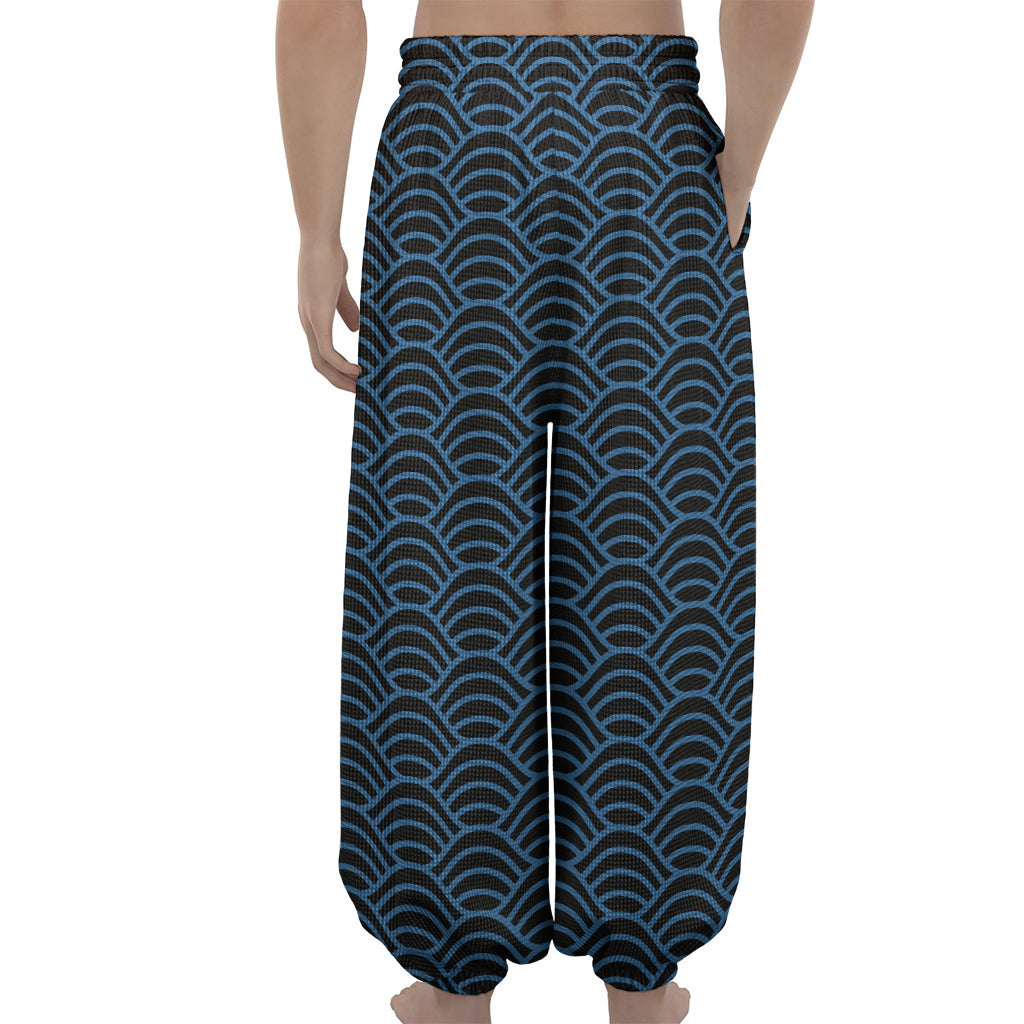 Blue And Black Japanese Pattern Print Lantern Pants