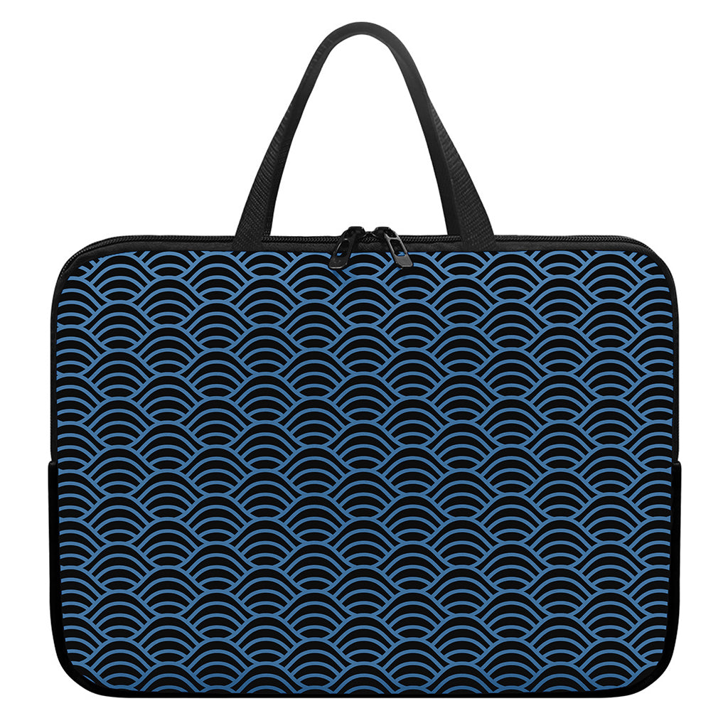 Blue And Black Japanese Pattern Print Laptop Sleeve With Handle
