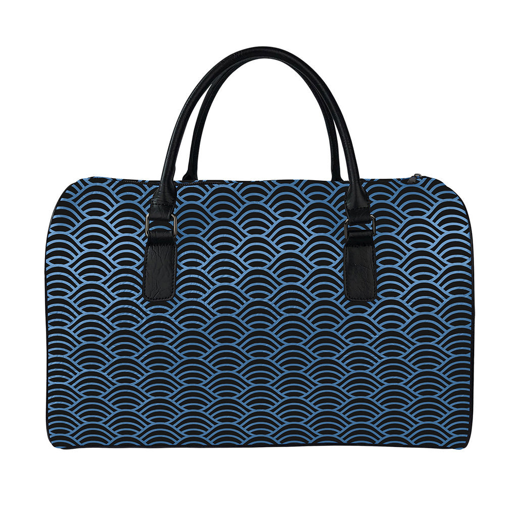 Blue And Black Japanese Pattern Print Leather Duffle Bag