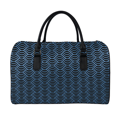 Blue And Black Japanese Pattern Print Leather Duffle Bag