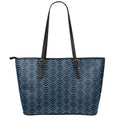 Blue And Black Japanese Pattern Print Leather Tote Bag With Zipper