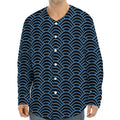 Blue And Black Japanese Pattern Print Long Sleeve Baseball Jersey