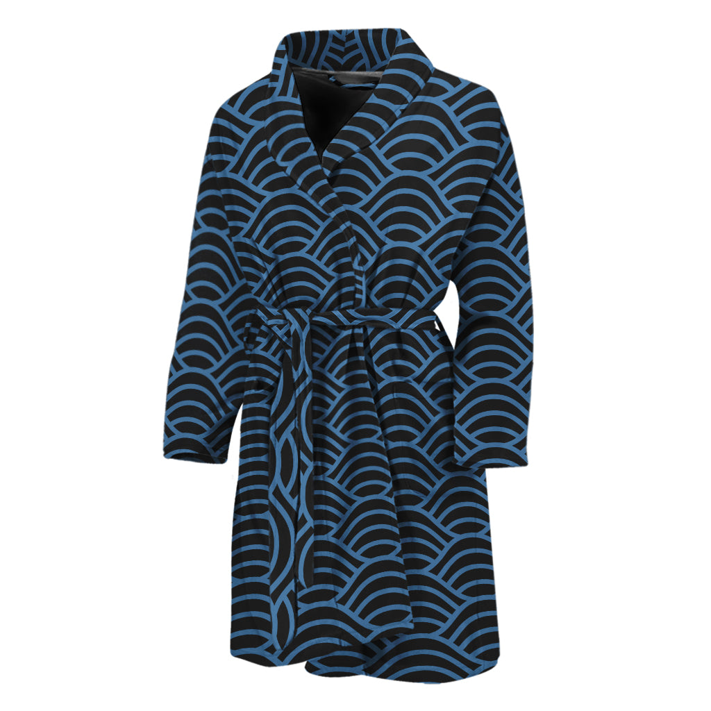 Blue And Black Japanese Pattern Print Men's Bathrobe