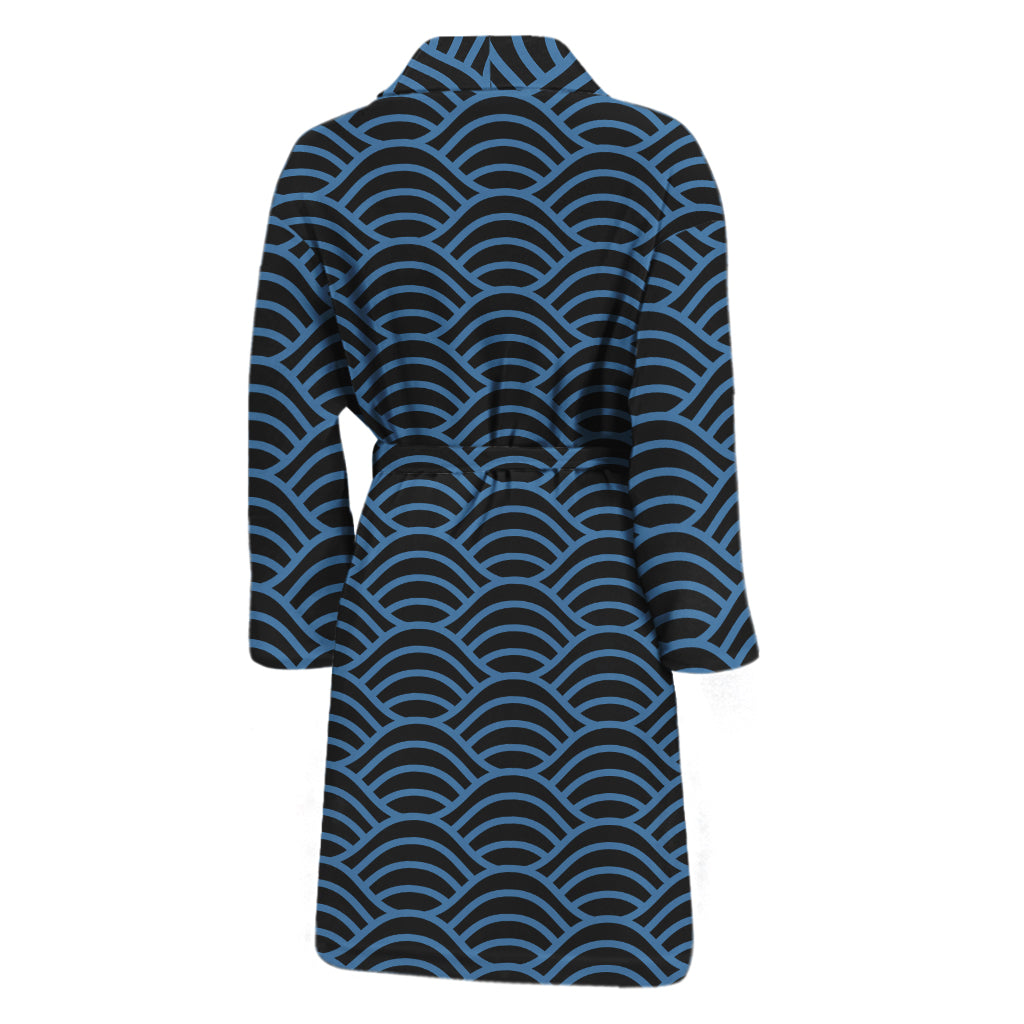 Blue And Black Japanese Pattern Print Men's Bathrobe