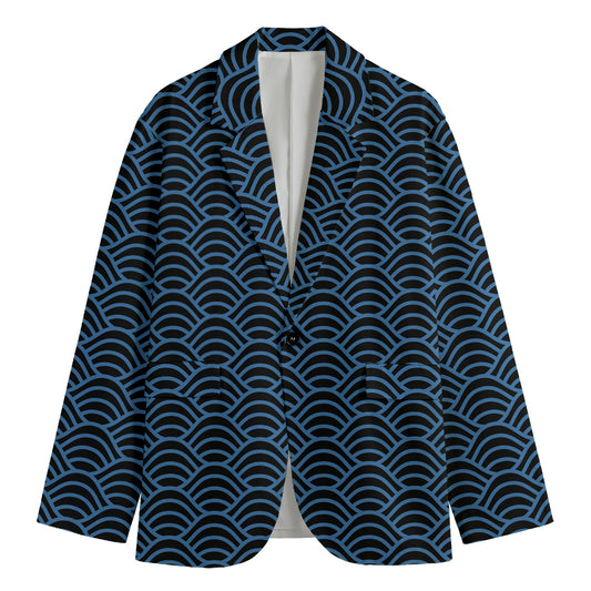 Blue And Black Japanese Pattern Print Men's Blazer