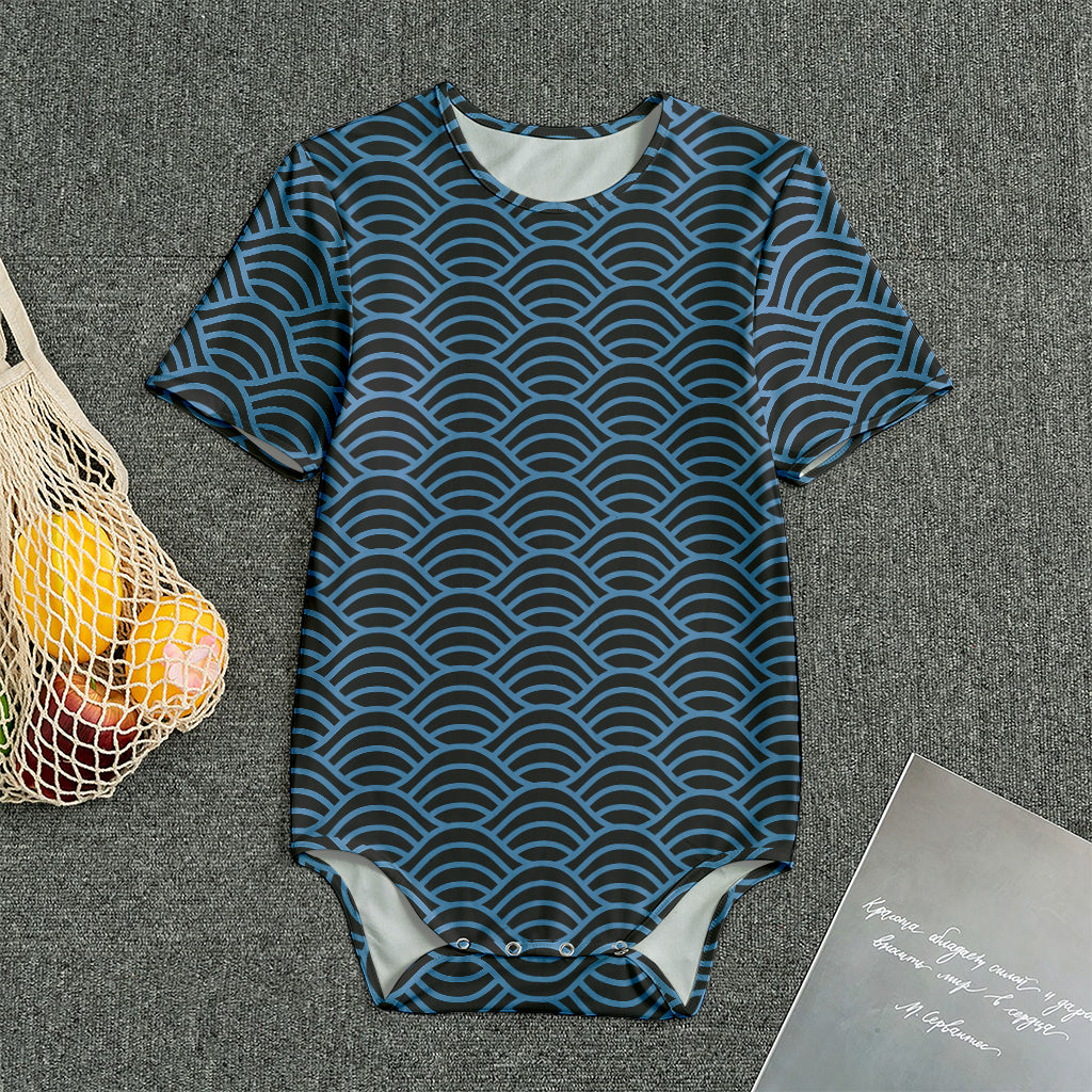 Blue And Black Japanese Pattern Print Men's Bodysuit