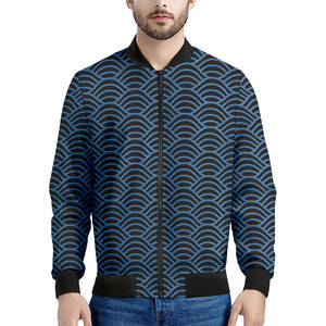 Blue And Black Japanese Pattern Print Men's Bomber Jacket