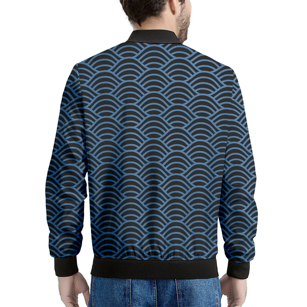 Blue And Black Japanese Pattern Print Men's Bomber Jacket