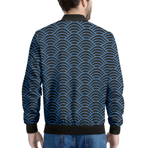 Blue And Black Japanese Pattern Print Men's Bomber Jacket