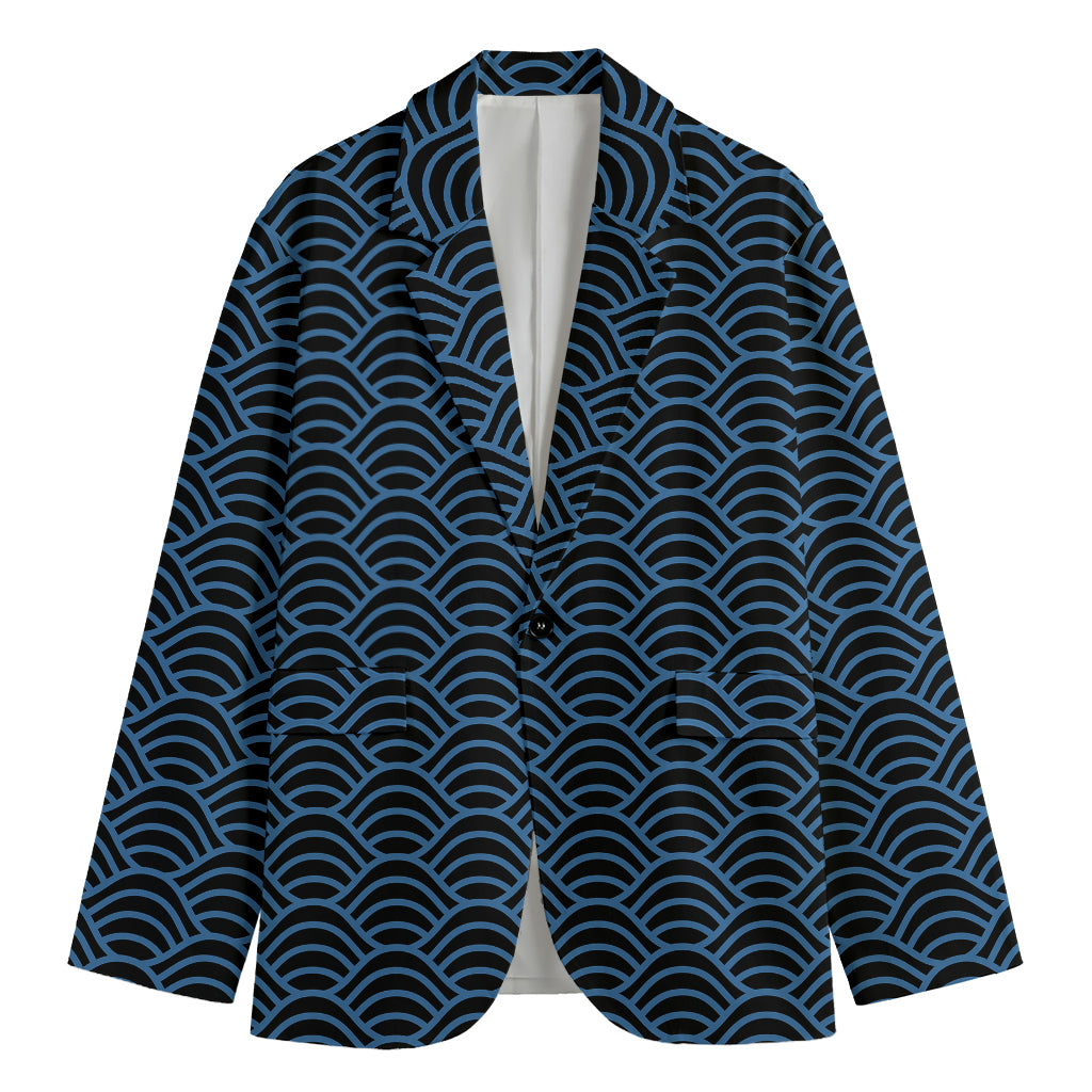 Blue And Black Japanese Pattern Print Men's Cotton Blazer