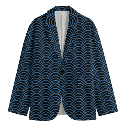 Blue And Black Japanese Pattern Print Men's Cotton Blazer