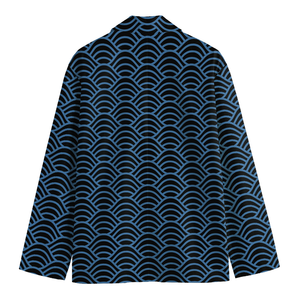 Blue And Black Japanese Pattern Print Men's Cotton Blazer