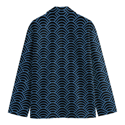 Blue And Black Japanese Pattern Print Men's Cotton Blazer