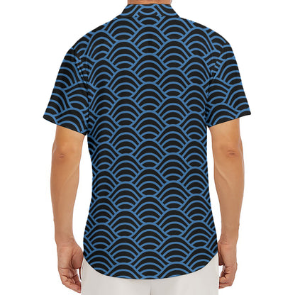 Blue And Black Japanese Pattern Print Men's Deep V-Neck Shirt