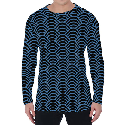 Blue And Black Japanese Pattern Print Men's Long Sleeve T-Shirt