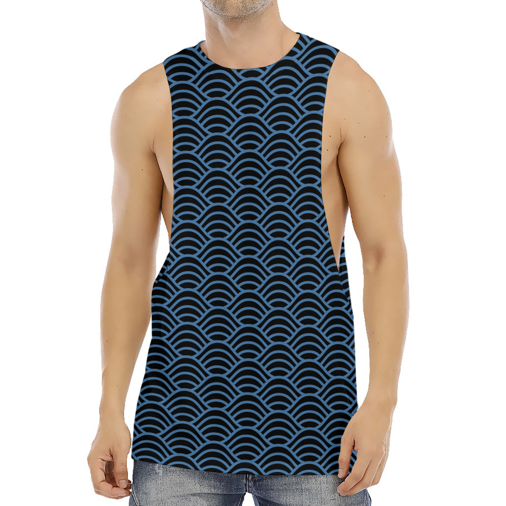 Blue And Black Japanese Pattern Print Men's Muscle Tank Top