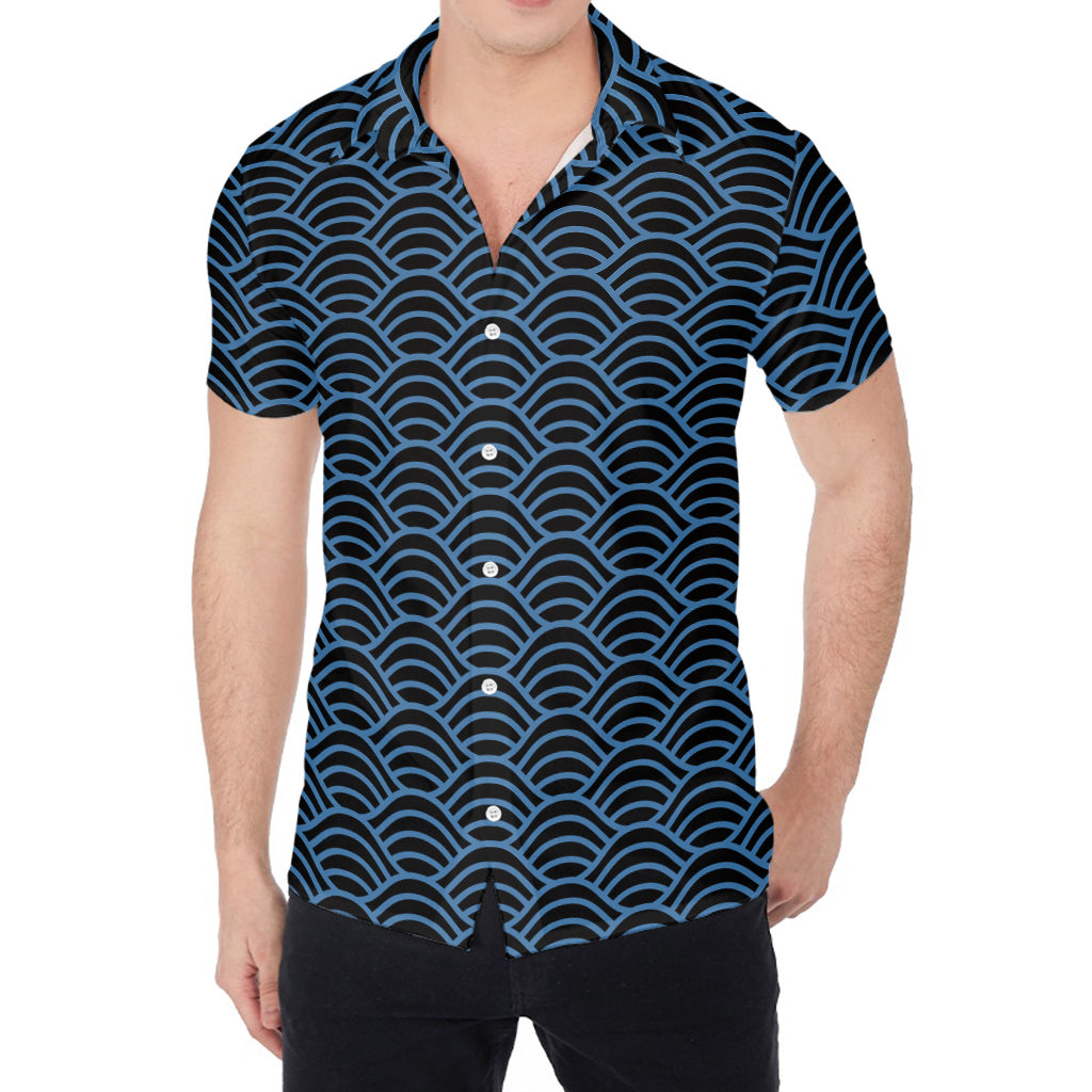 Blue And Black Japanese Pattern Print Men's Shirt