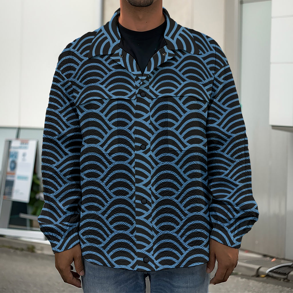 Blue And Black Japanese Pattern Print Men's Shirt Jacket