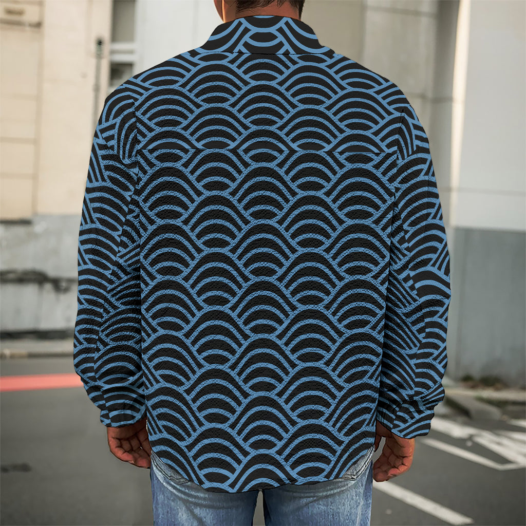 Blue And Black Japanese Pattern Print Men's Shirt Jacket