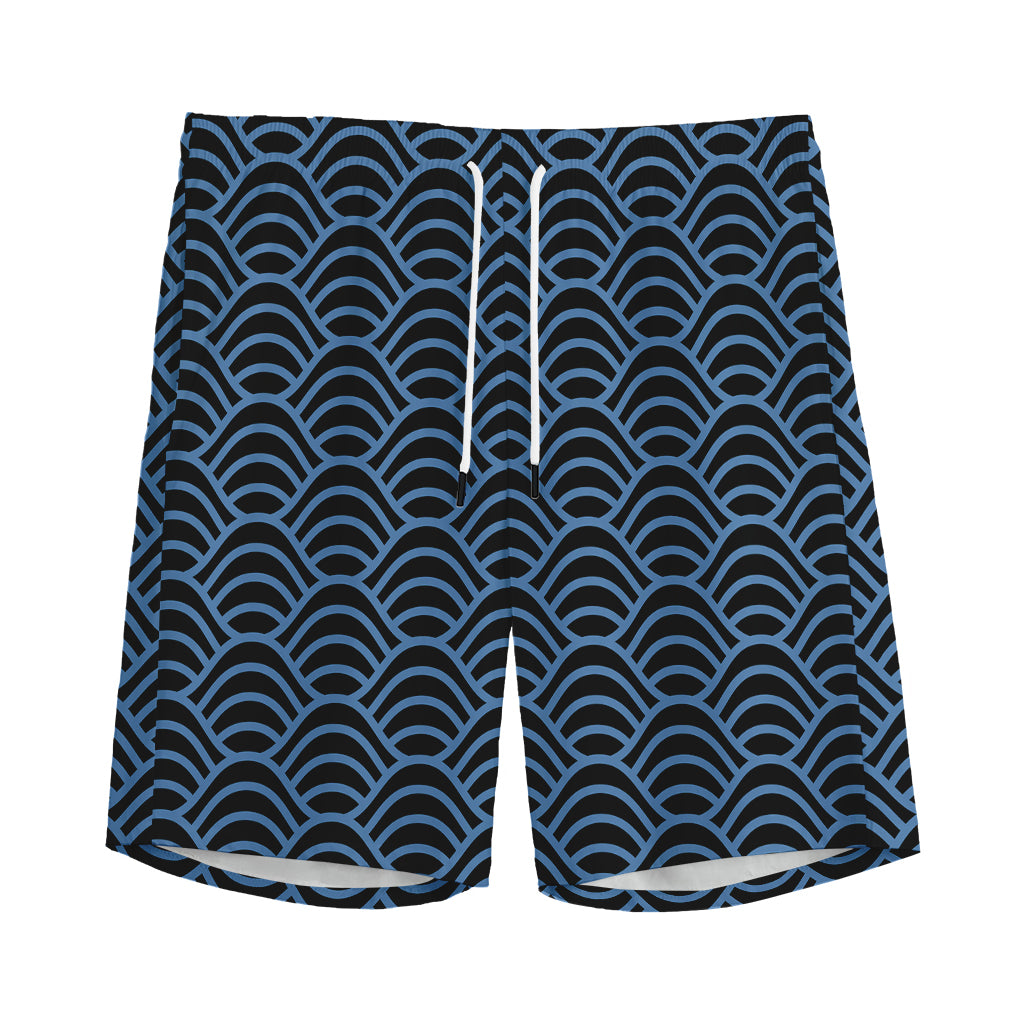 Blue And Black Japanese Pattern Print Men's Sports Shorts