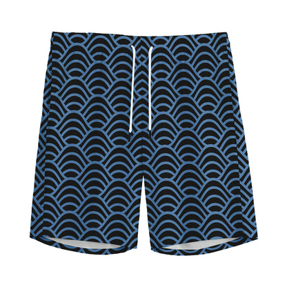 Blue And Black Japanese Pattern Print Men's Sports Shorts