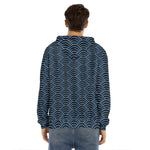 Blue And Black Japanese Pattern Print Men's Velvet Pullover Hoodie