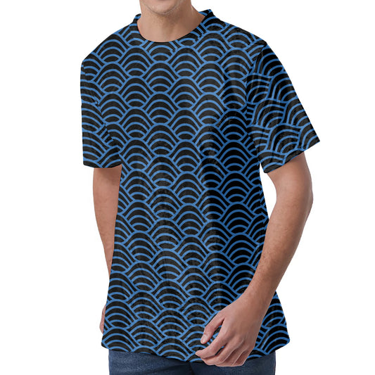 Blue And Black Japanese Pattern Print Men's Velvet T-Shirt