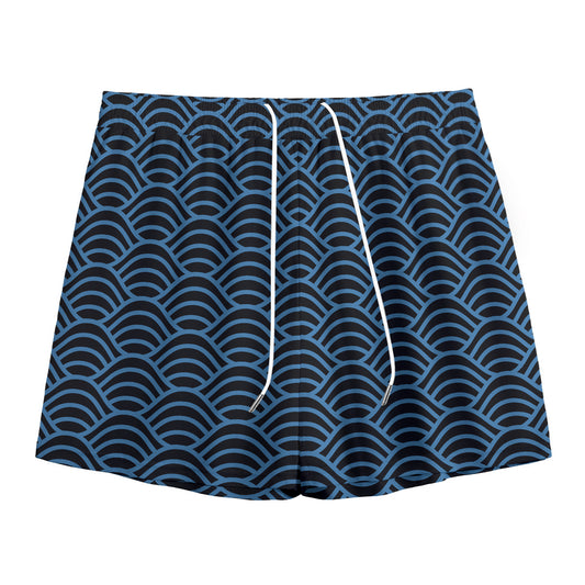 Blue And Black Japanese Pattern Print Mesh Shorts