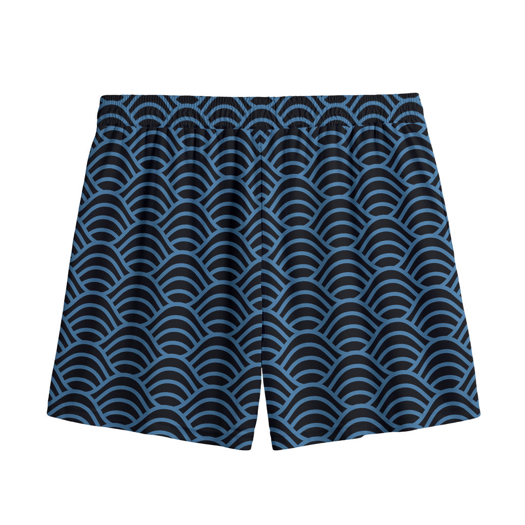 Blue And Black Japanese Pattern Print Mesh Shorts