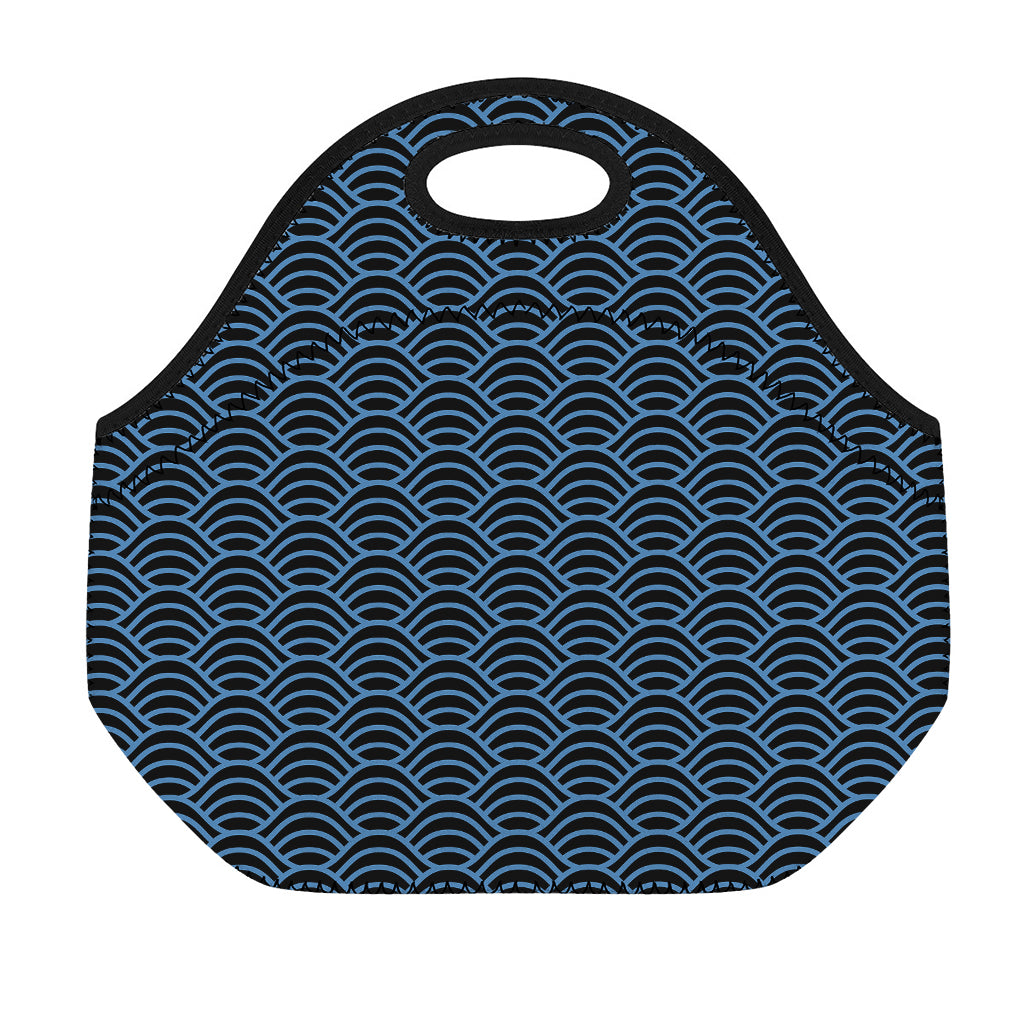 Blue And Black Japanese Pattern Print Neoprene Lunch Bag