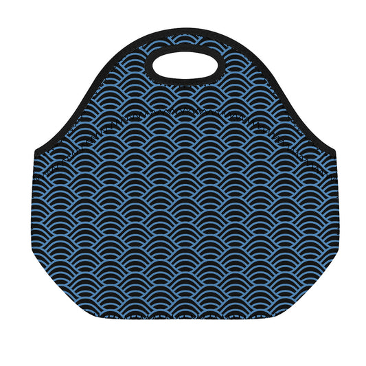Blue And Black Japanese Pattern Print Neoprene Lunch Bag