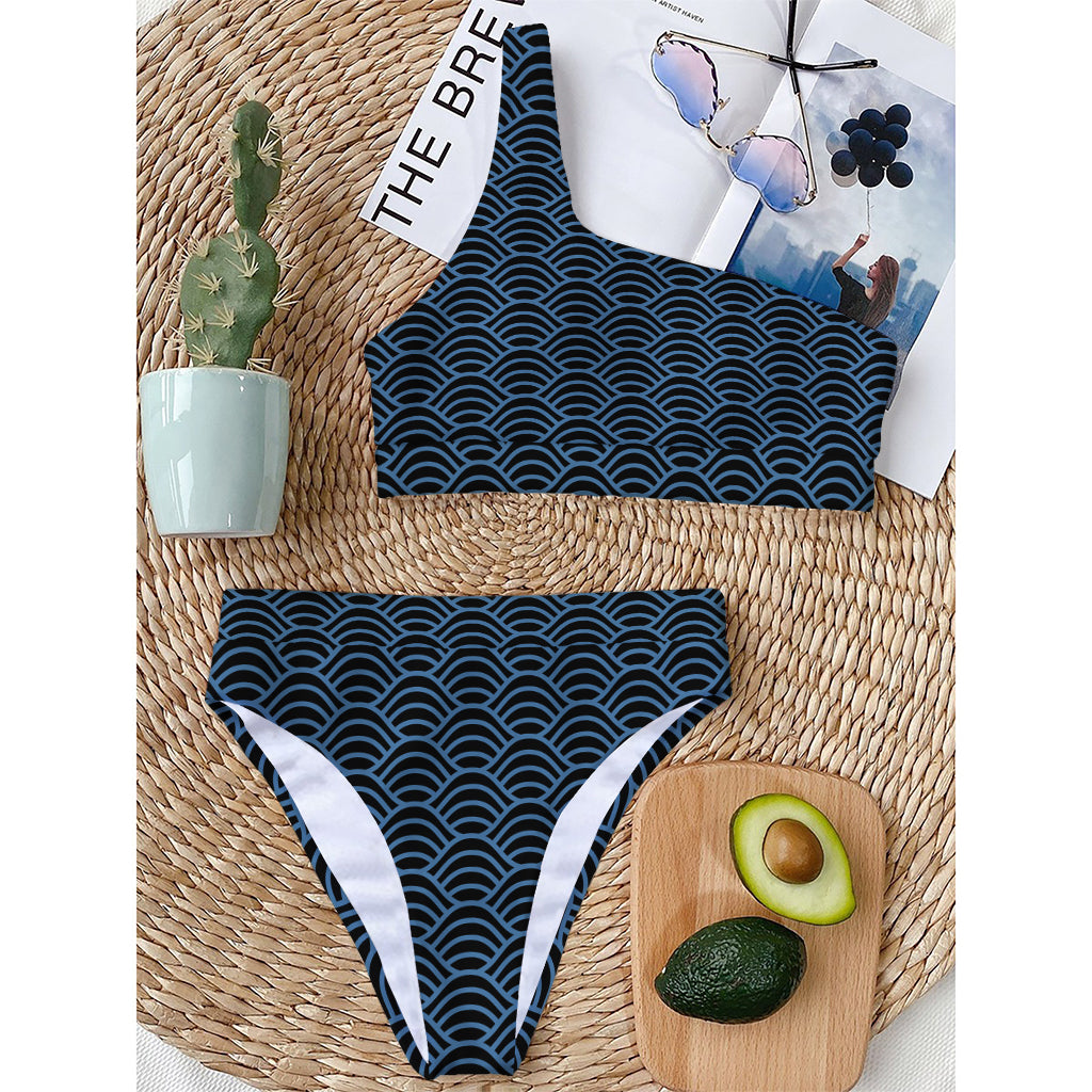 Blue And Black Japanese Pattern Print One Shoulder Bikini Top