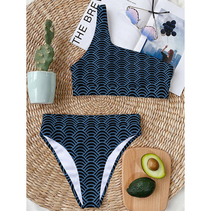 Blue And Black Japanese Pattern Print One Shoulder Bikini Top