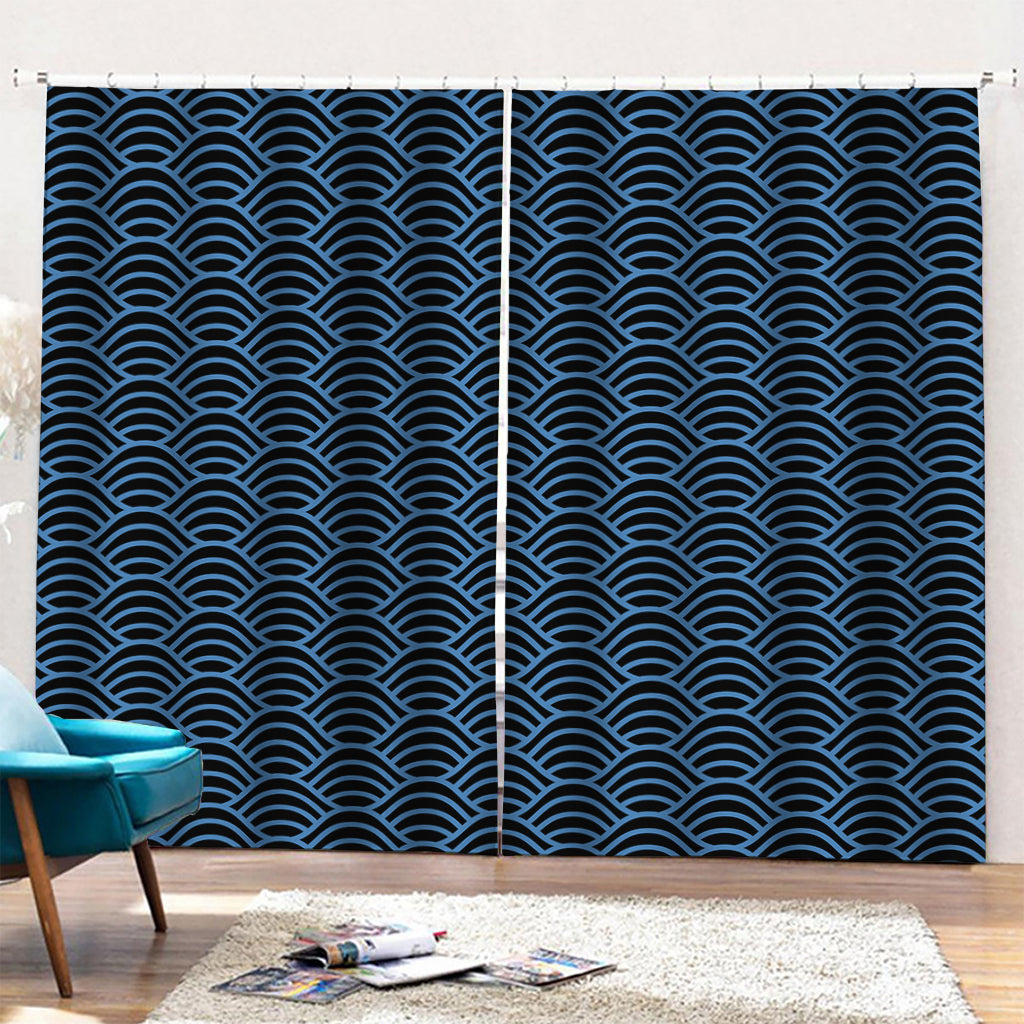 Blue And Black Japanese Pattern Print Pencil Pleat Curtains