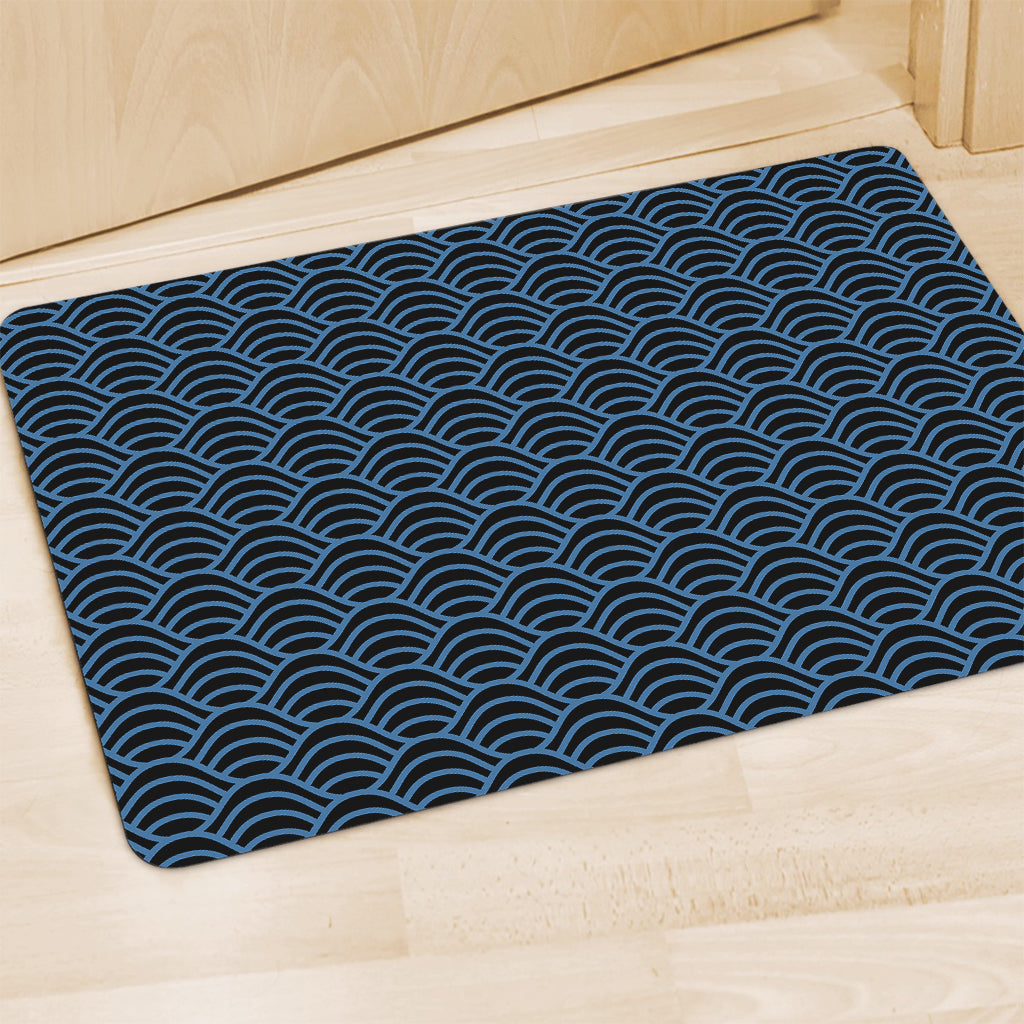 Blue And Black Japanese Pattern Print Polyester Doormat