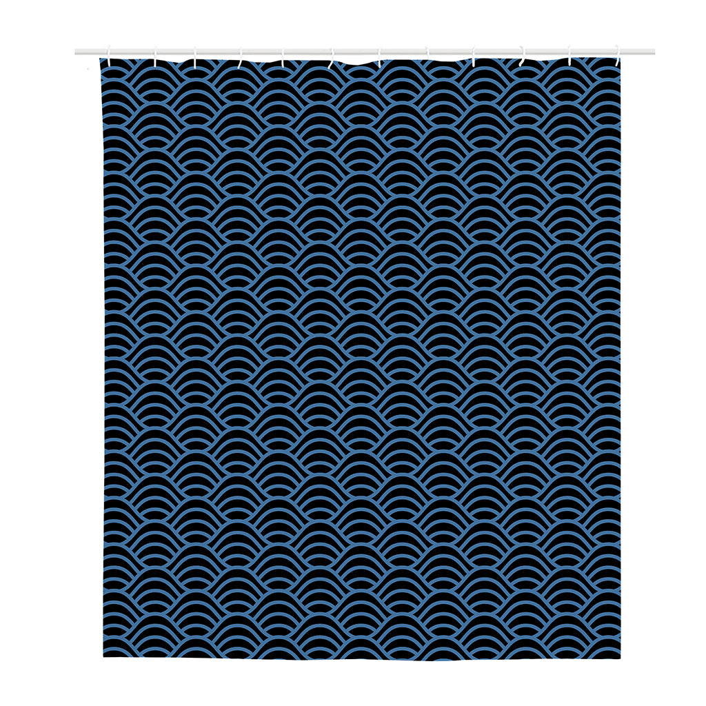 Blue And Black Japanese Pattern Print Polyester Shower Curtain