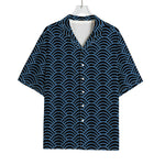 Blue And Black Japanese Pattern Print Rayon Hawaiian Shirt