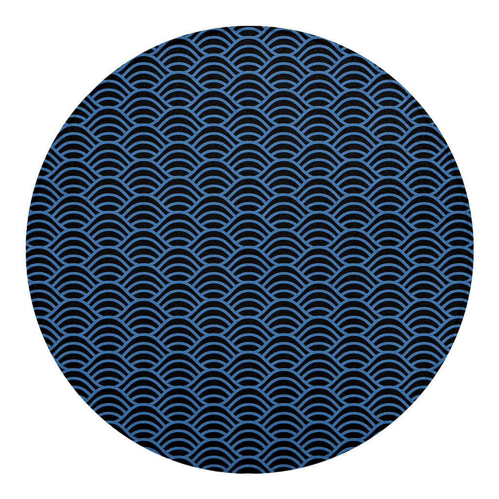Blue And Black Japanese Pattern Print Round Blanket
