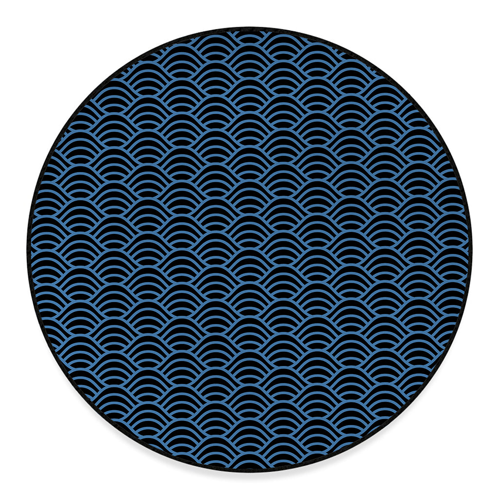 Blue And Black Japanese Pattern Print Round Floor Mat